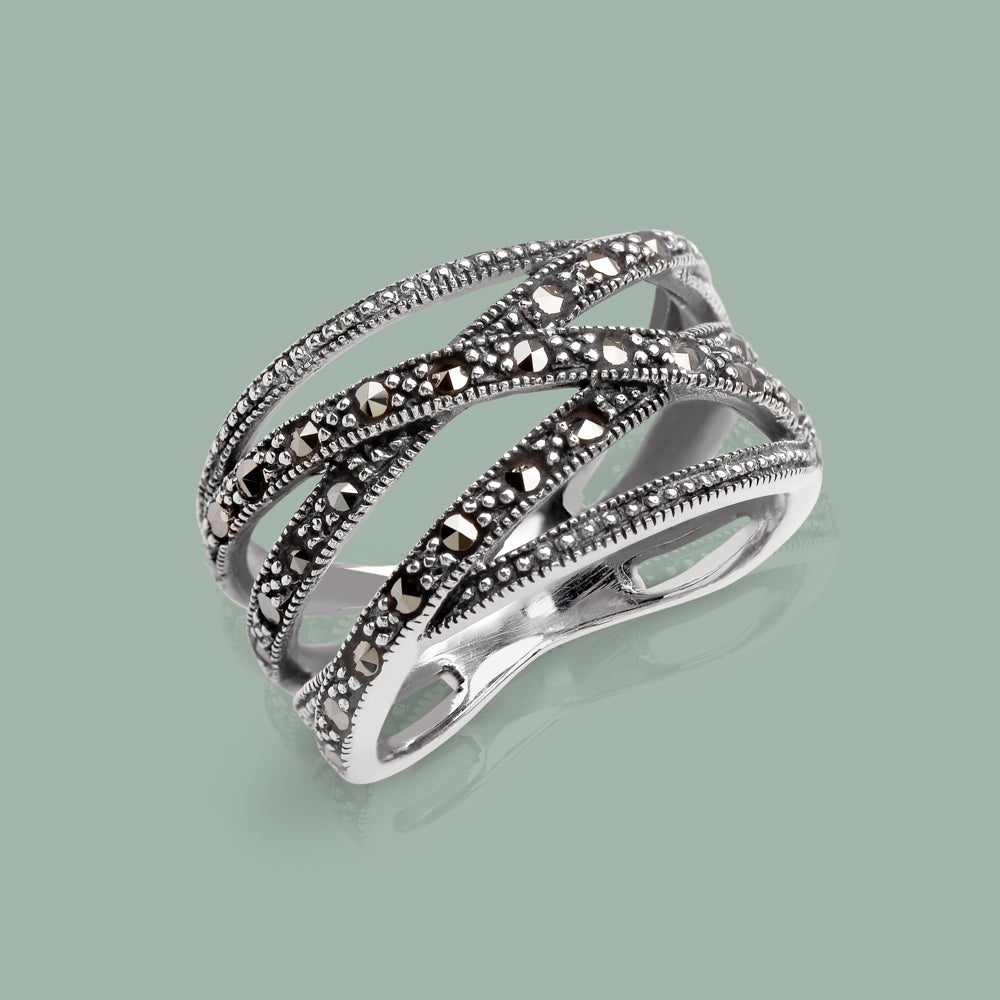 John Greed Signature Silver Marcasite Crossover Wide Ring