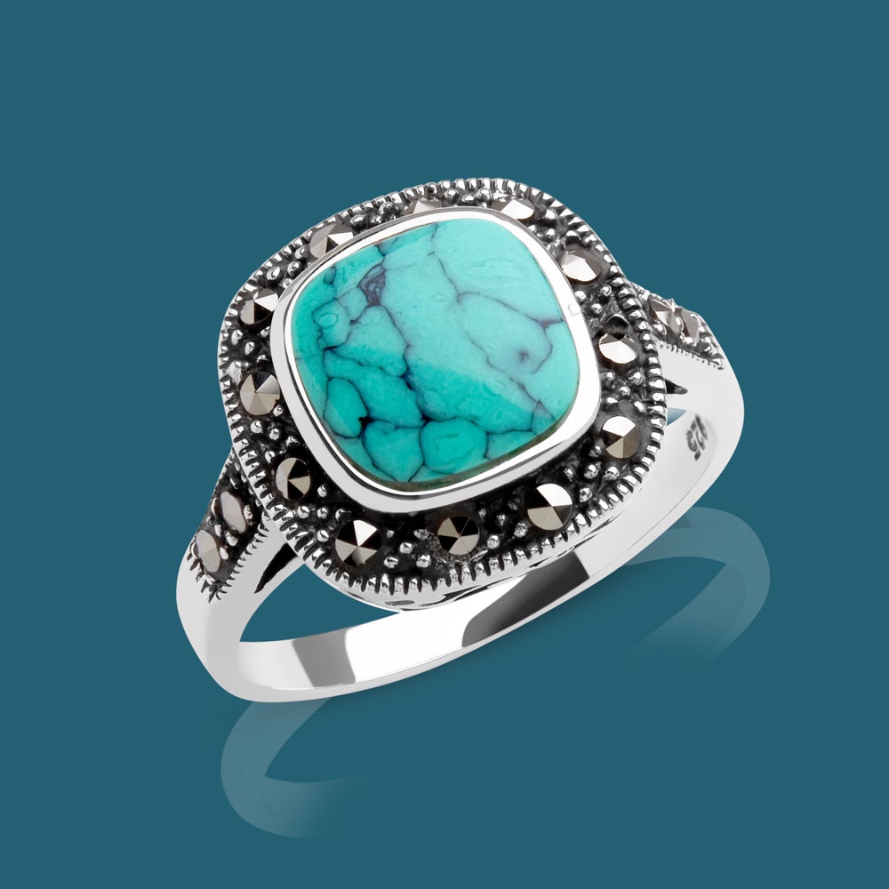 John Greed Signature Silver Marcasite & Turquoise Halo Ring