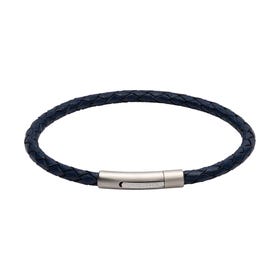 Slim Blue Leather Bracelet with Matte & Polished Steel Clasp