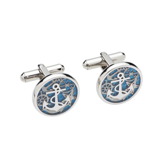 Stainless Steel Anchor Cufflinks with Blue Enamel