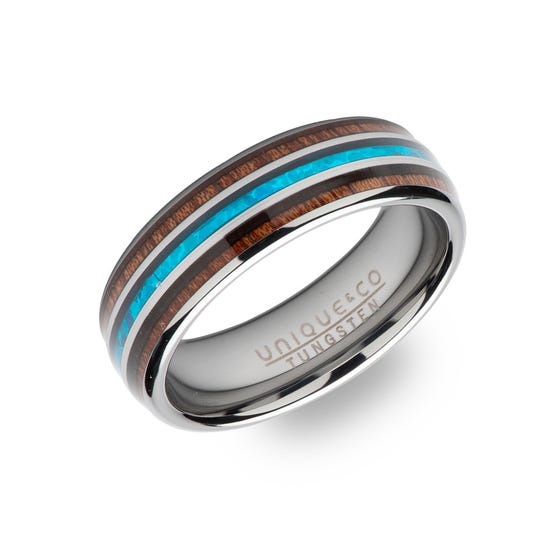 Tungsten Carbide 7mm Ring with Wood Inlay & Blue Enamel