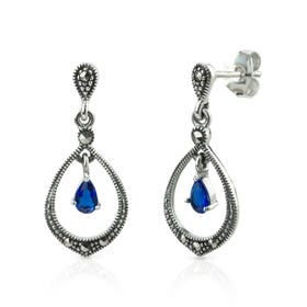 Aurora Silver Marcasite & Sapphire CZ Open Drop Earrings