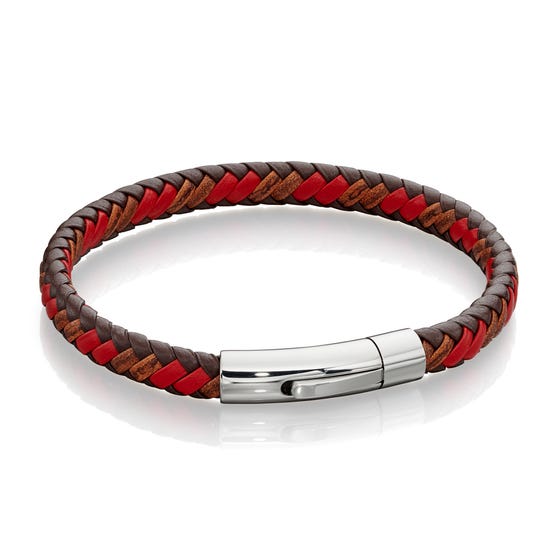Woven Tan & Red Leather Bracelet