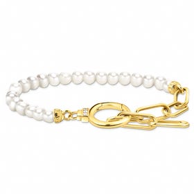 Gold Plated Zirconia & Freshwater Pearl Ring Clasp Link Bracelet