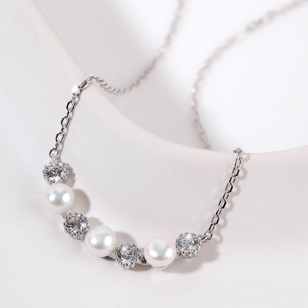 John Greed Signature Silver CZ & Freshwater Pearl Curve Necklace