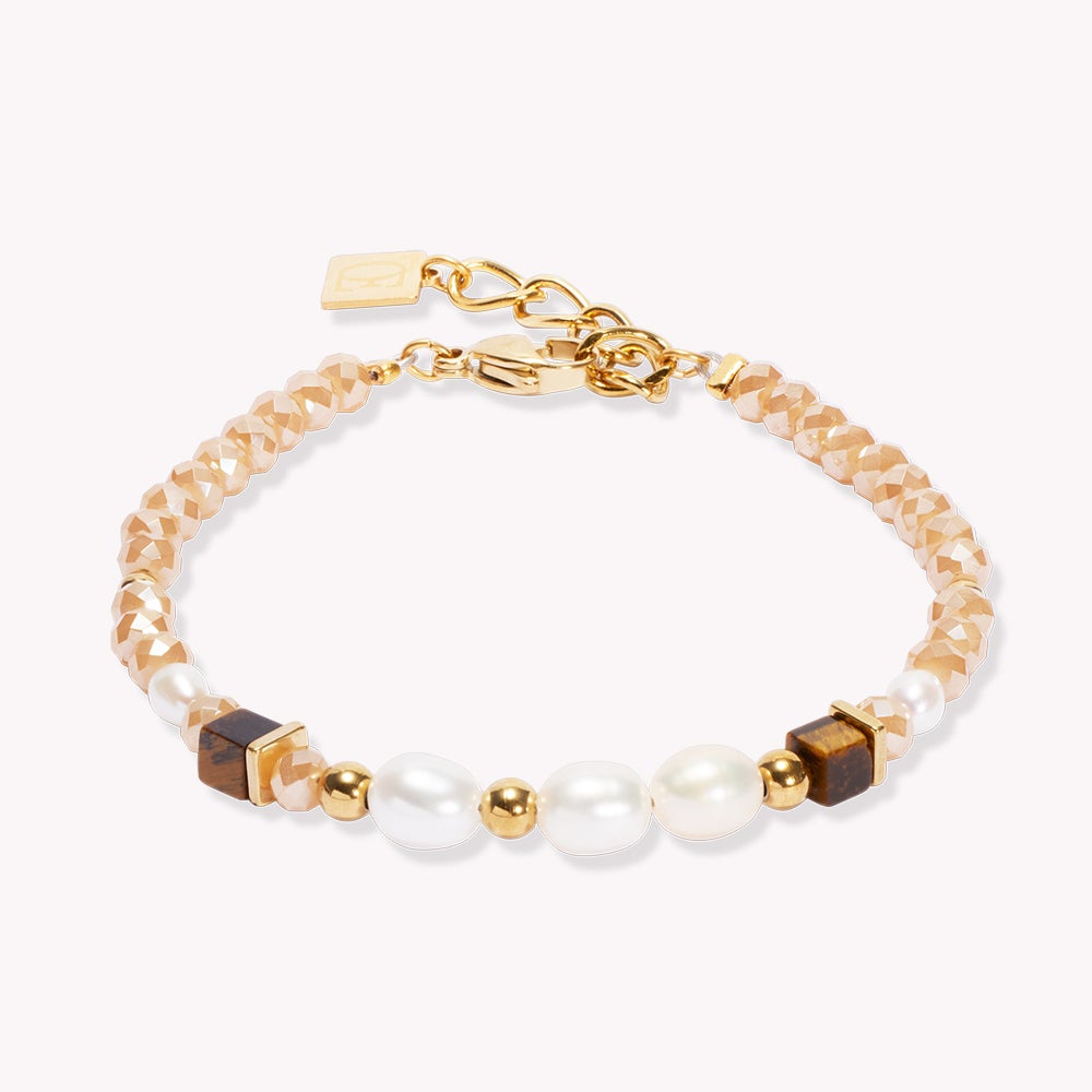 Coeur De Lion Elegance Pearl Bracelet Gold Plated White Brown Tiger's Eye & Cut Glass