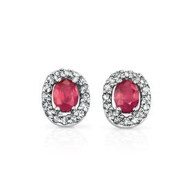 9ct White Gold Ruby & Diamond Oval Stud Earrings