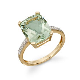 9ct Gold Green Amethyst & Diamond Ring