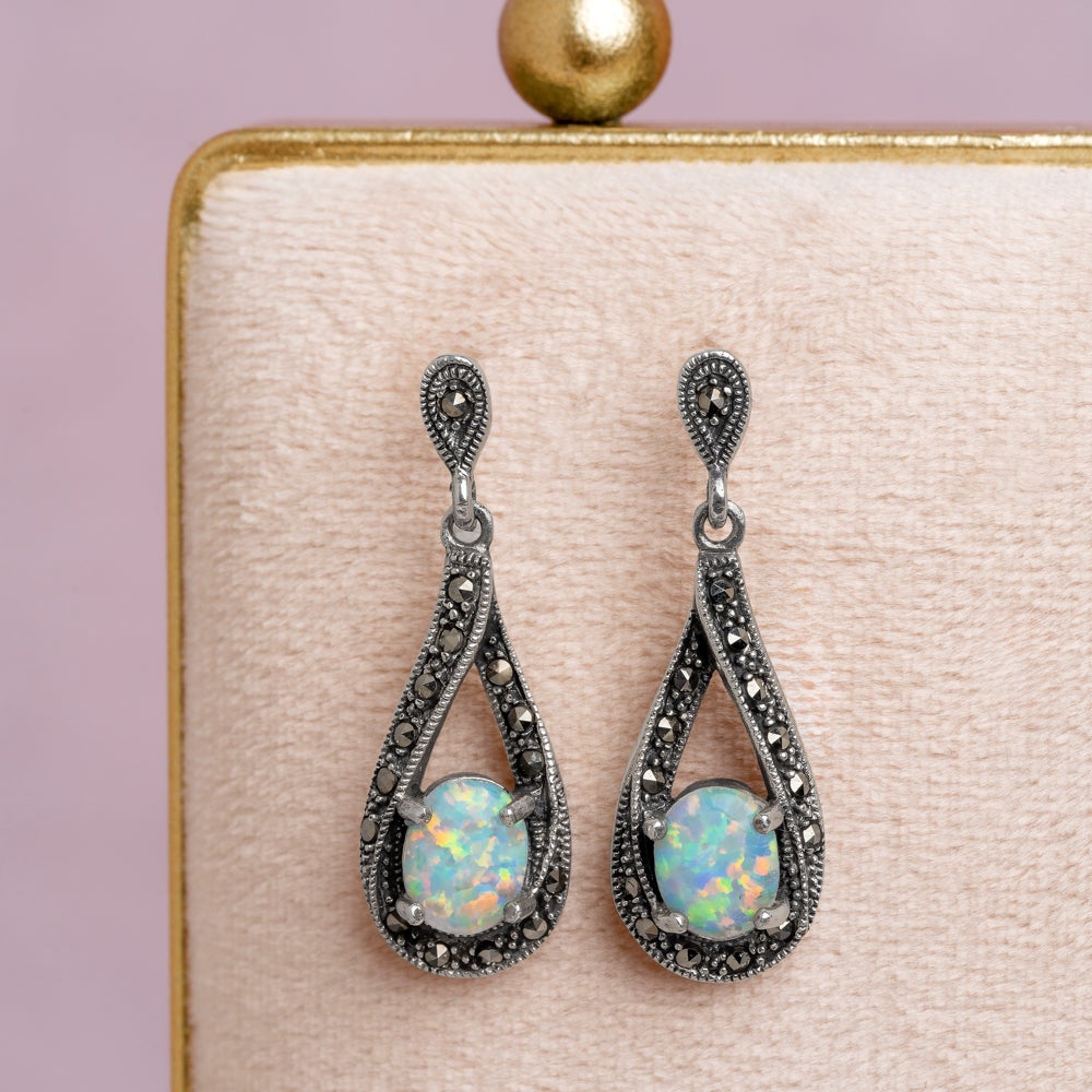 John Greed Signature Silver Marcasite & Opal Oval Drop Earrings