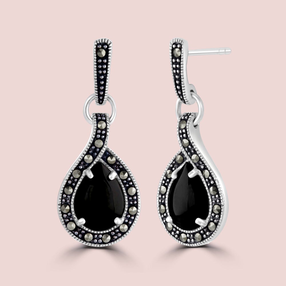John Greed Signature Silver Marcasite & Onyx Loop Drop Earrings