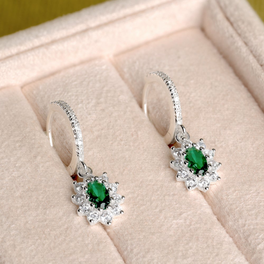 John Greed Signature Silver Green CZ Flower Hoop Earrings