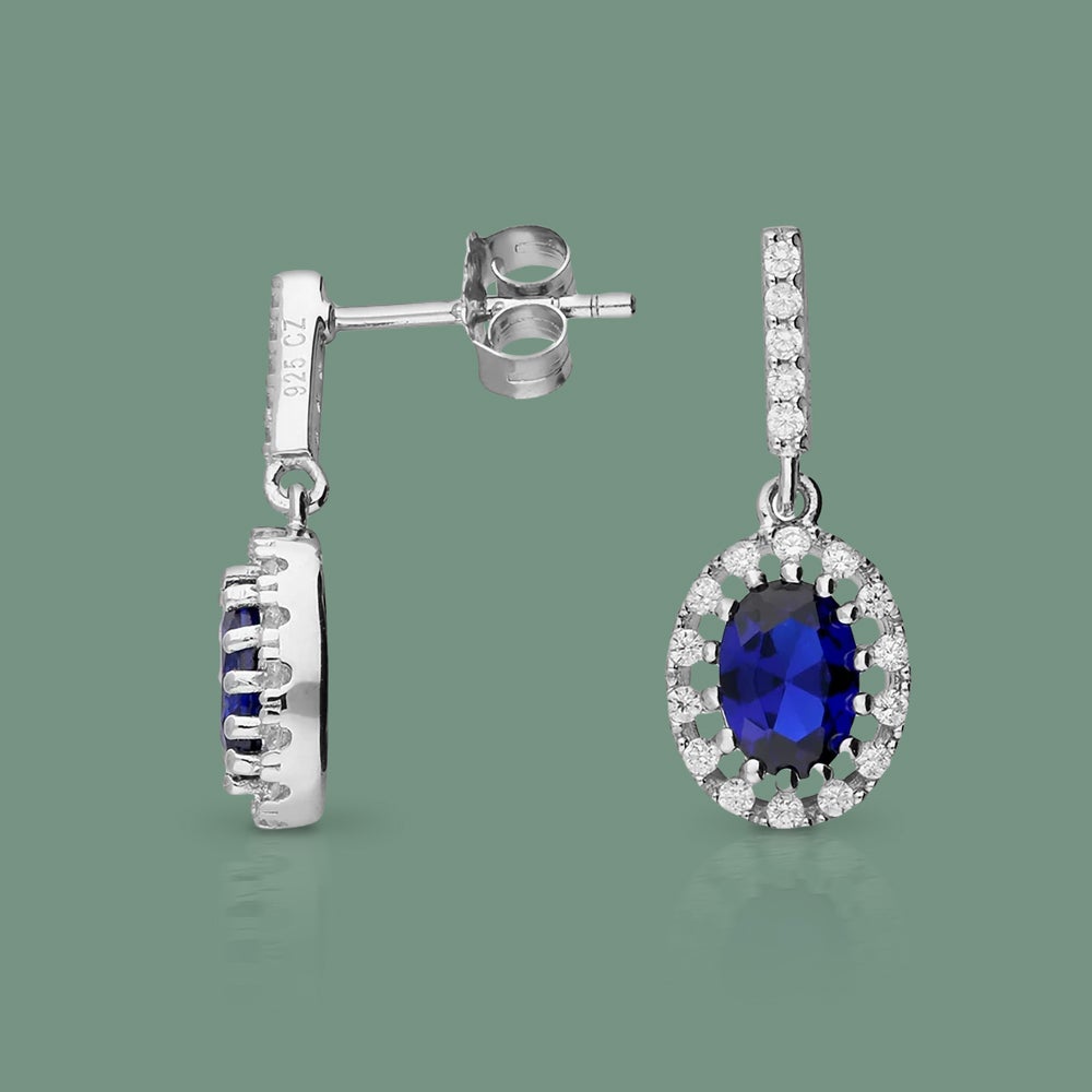 John Greed Signature Silver Sapphire Blue Spinel Oval Halo Drop Earrings