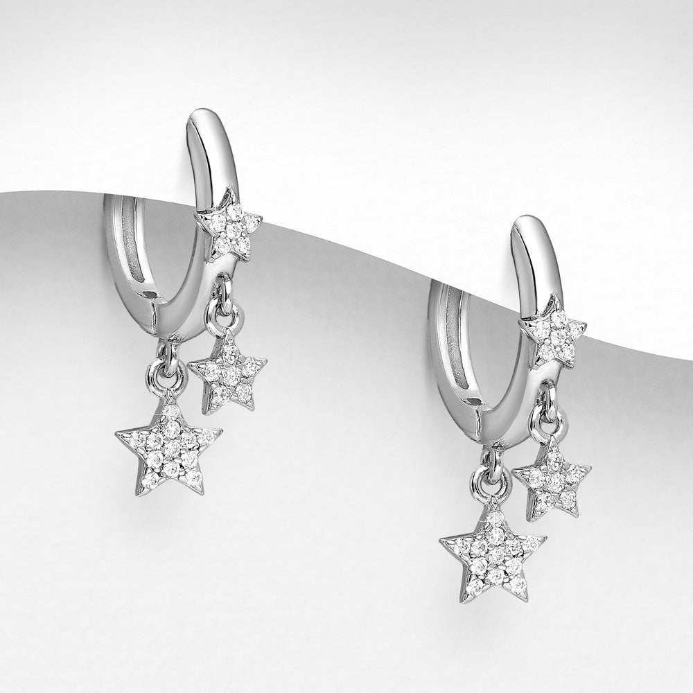 John Greed Signature Silver CZ Tiered Star Hoop Earrings