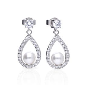 Silver Zirconia & White Shell Pearl Open Teardrop Earrings