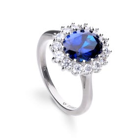 Silver White & Blue Zirconia Oval Cluster Ring