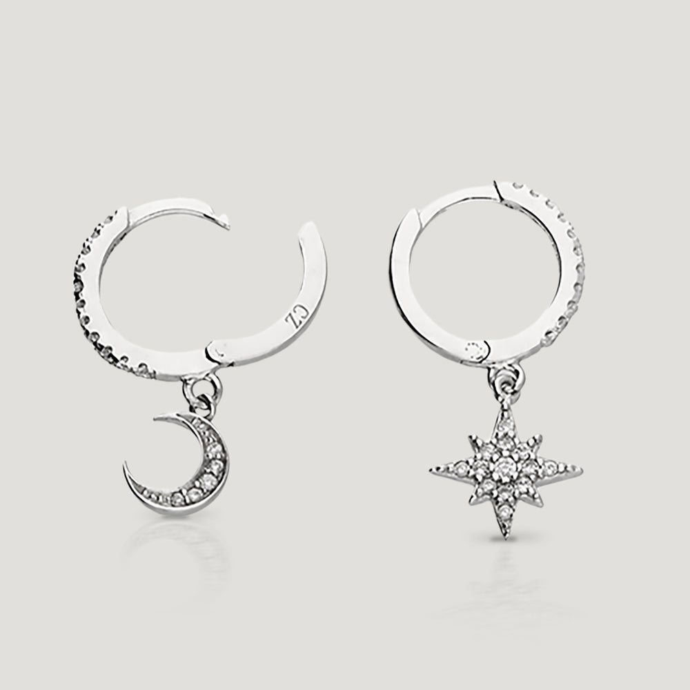 John Greed CANDY Sky Silver CZ Moon & Star Huggie Hoop Earrings