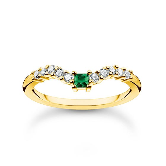 Gold Plated Green & White Stones Curved Ring