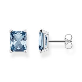 Silver Octagon Cut Aquamarine Blue Stone Stud Earrings