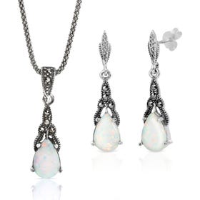 Sia Silver Marcasite & Opalite Teardrop Jewellery Set