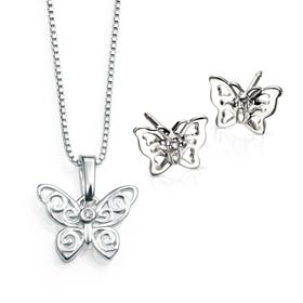 Children's Silver & Diamond Filigree Butterfly Jewellery Set