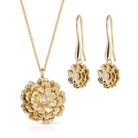 9ct Gold Diamond Rotating Peony Flower Jewellery Set