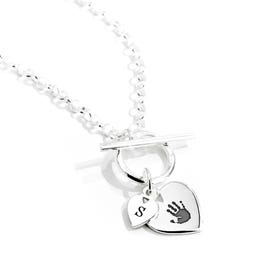 CANDY Love Silver Two Hearts Handprint/Footprint Engraving T-Bar Necklace