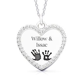 Signature Large Silver Heart & Halo Handprint/Footprint Engraving Necklace