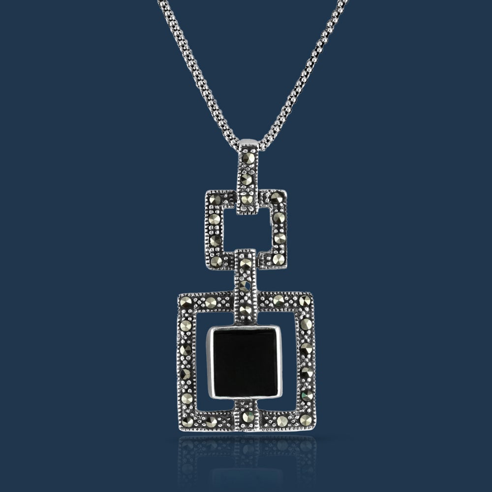John Greed Signature Silver Marcasite & Onyx Large Square Necklace