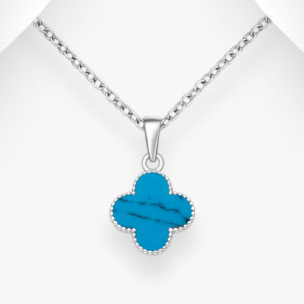 John Greed Signature Silver Clover Turquoise Blue Necklace