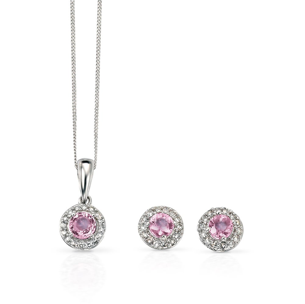 Fine Jewellery by John Greed 9ct White Gold Pink Sapphire & Diamond Cluster Jewellery Set