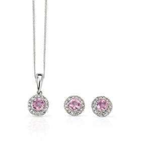 9ct White Gold Pink Sapphire & Diamond Cluster Jewellery Set