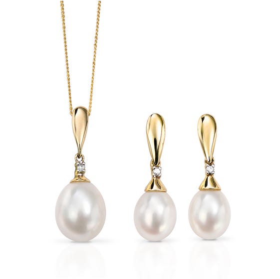 9ct Gold Drop Pearl & Diamond Jewellery Set