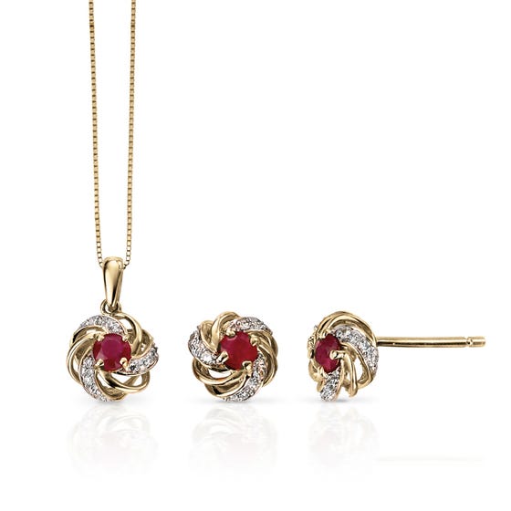 9ct Gold Ruby & Diamond Cluster Jewellery Set