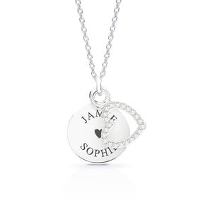 Silver Two Names Disc & Heart Necklace