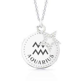 Silver Aquarius Sign Disc & Star Necklace