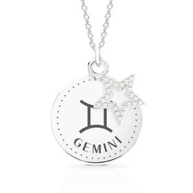 Silver Gemini Sign Disc & Star Necklace