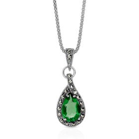 Aurora Silver Marcasite & Emerald CZ Teardrop Necklace