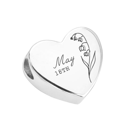Silver May Birth Flower & Date Heart Charm