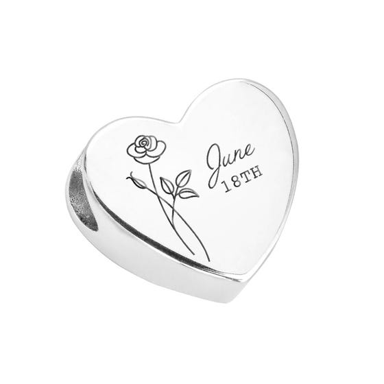 Silver June Birth Flower & Date Heart Charm