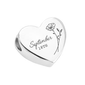 Silver September Birth Flower & Date Heart Charm