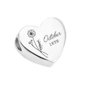 Silver October Birth Flower & Date Heart Charm