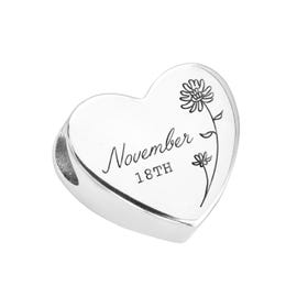 Silver November Birth Flower & Date Heart Charm
