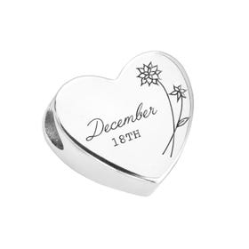 Silver December Birth Flower & Date Heart Charm