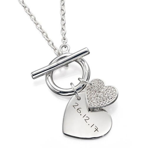 Silver CZ Double Heart Handwriting T-Bar Necklace