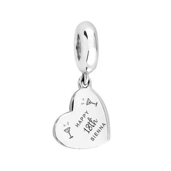 Silver Happy 18th Name & Cocktails Heart Pendant Charm