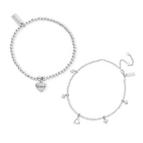 Silver Cute Heart Bracelet & Multi Heart Anklet Set
