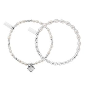 Silver & Pearl Heart Of Love & Story Of Love Bracelet Set